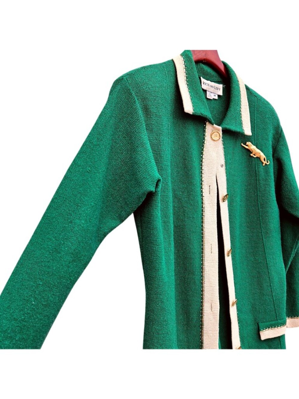 Vintage 80s Rich Levy Green Wool Knit Cardigan Leopard Brooch Womens L - Picture 9 of 14